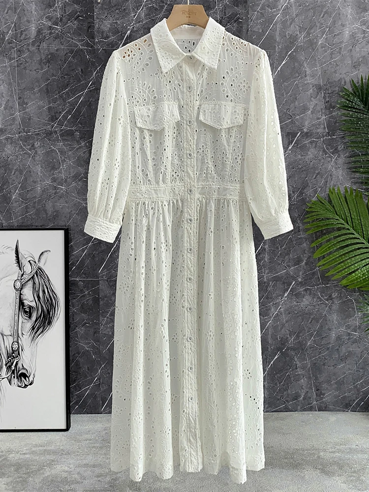 

Sew Beautiful Self-Advised Whole Piece Water Soluble Lace Embroidery High Waist Hollow out Bubble Sleeve Long Dress Women Summer