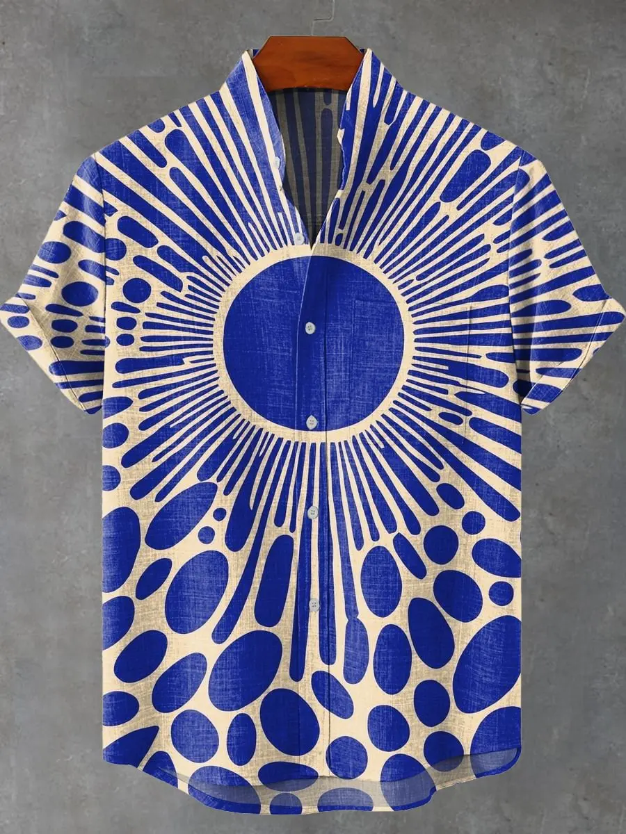 

Trendy Geometry Art Design 3D Printed Pattern Men's Casual Linen Stand up Collar Front Pocket Comfortable Large Short Sleeve Shi