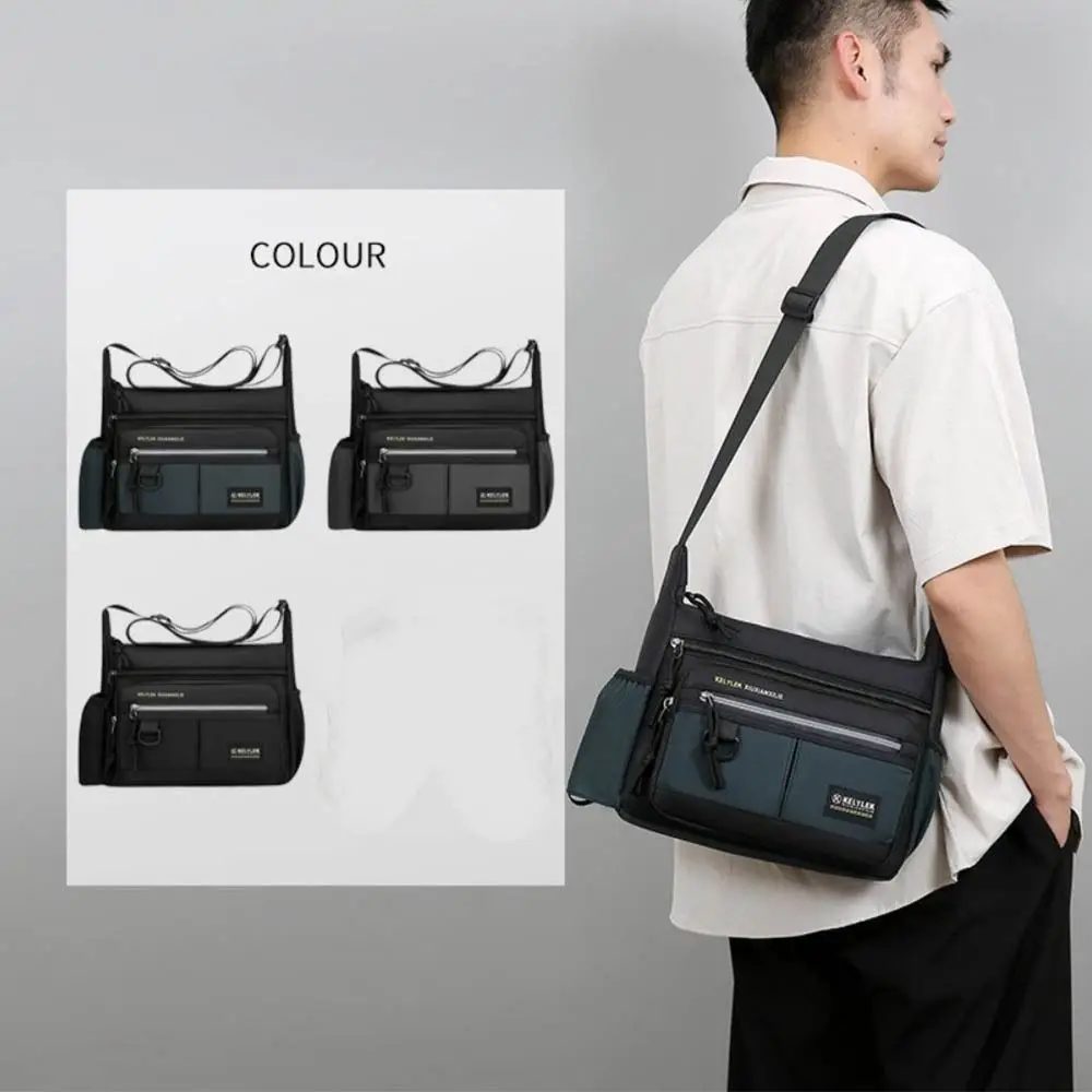 Large Capacity Men Shoulder Bag Side Pocket with Reflective Stripe Business Messenger Bag Lightweight Oxford Cloth