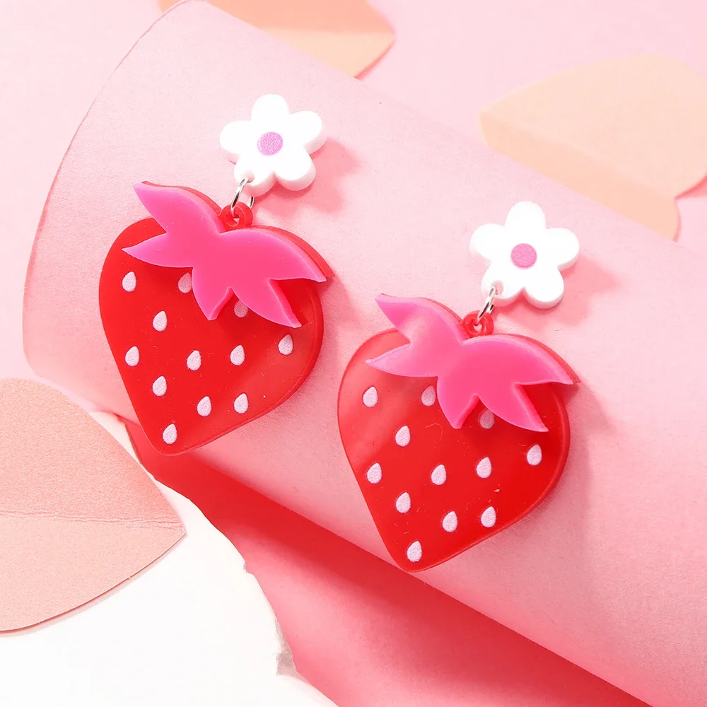 Summer and Autumn Cool Fruits Sweet Strawberry Earrings Earrings Earrings Acrylic Green Leaves White Flower Earrings Female