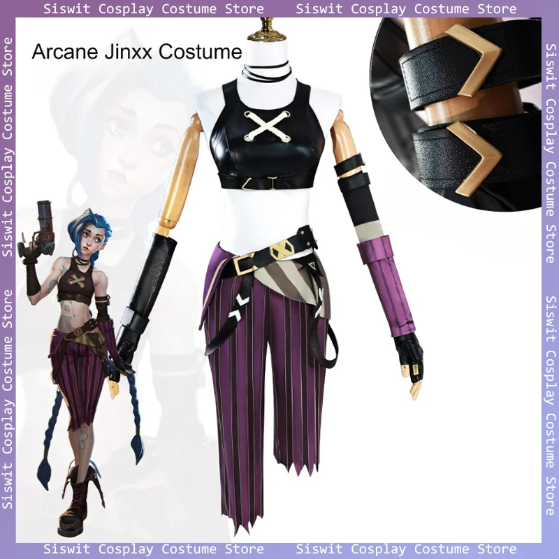 Anime Arcane Game LOL Jinx Costume Cosplay Full Set of Props Accessories Top Pants 9pcs/set Women Holiday Party Dress Up Decor