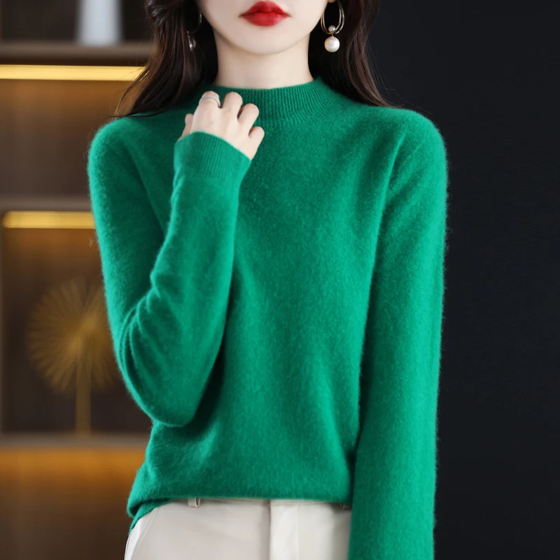 Autumn And Winter Women\'s Pullover 100% Pure Wool Seamless Ready-To-Wear Semi-High Collar Skin-Friendly Fashion Knitted Sweater