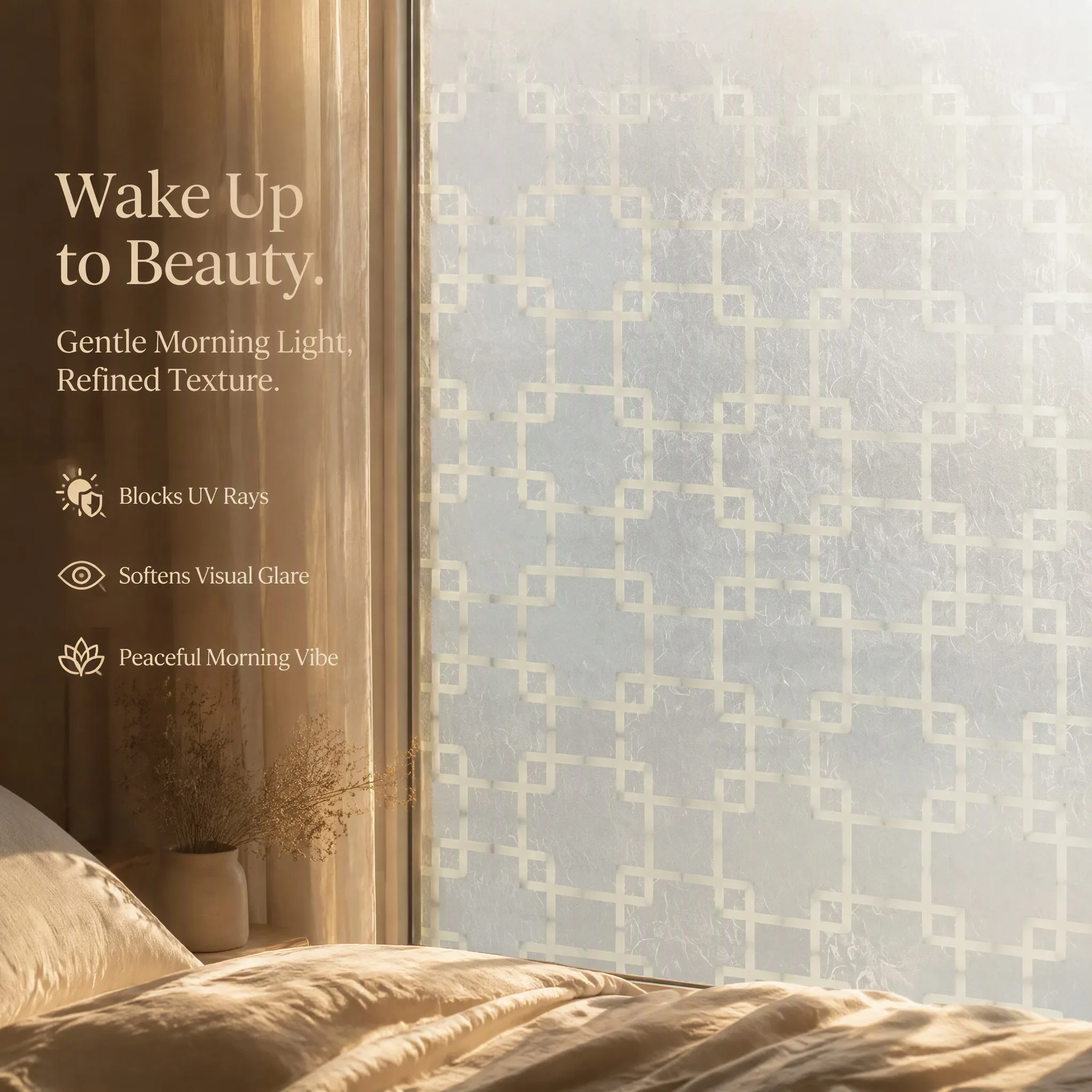Beige Minimalist Self-Adhesive Silk Textured Frosted Window Film Interlocking Square Grid for Full Privacy Protection Waterproof