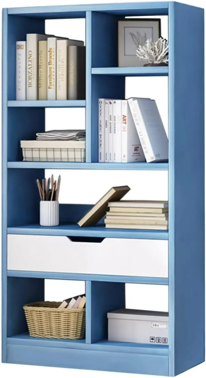 

Wooden Open Shelf Bookcase - 51" Height Freestanding Display Storage Cabinet Organizer with 7 Cubes and a Drawer, Floor