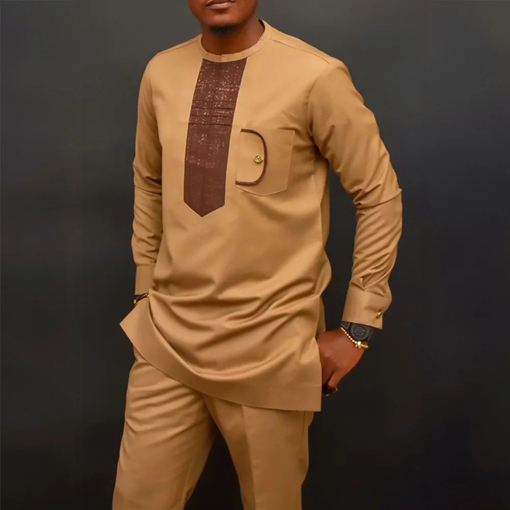 Traje tradicional africano Dashiki preto com gola redonda, ternos elegantes para homens, novo conjunto de 2 peças, roupas de marca de luxo, conjuntos completos de calças, roupas masculinas