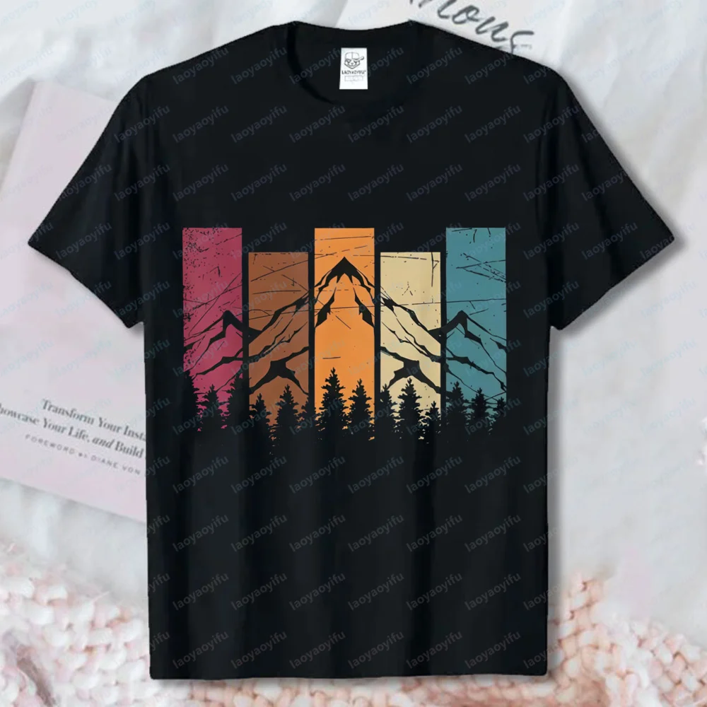 Herren Vintage Bergwald-Print T-Shirt Kurzarm O-Ausschnitt Lässiges Oberteil Geeignet zum Bergsteigen Baumwoll-T-Shirt Sommer-Shirt