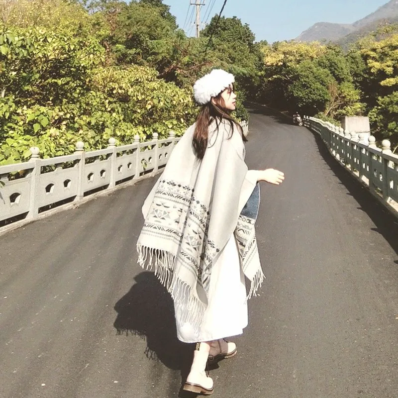 Women Knitted Scarf Cape Jacquard Ponchos Faux Mink tassel Double Sided Casual Elegant Warm Office Lady Indie Folk 2025 Autumn