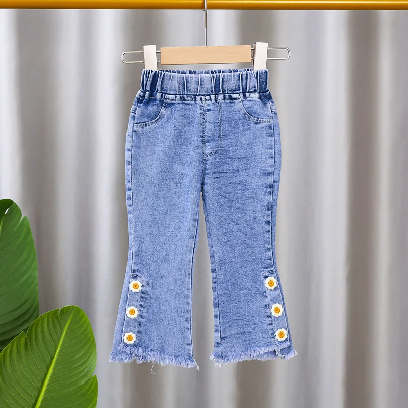 2024 New Spring and Autumn Children\'s Jeans Fashion Girls Korean Bow Horn Jeans Infant Stretch Pants 0-5 Years Old