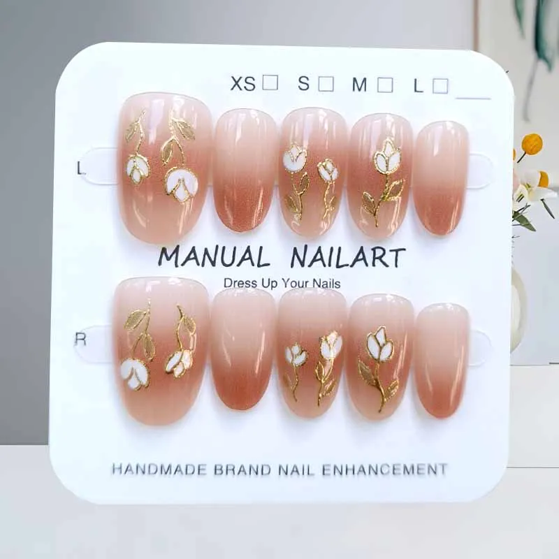 10Pcs Gentle Spring Tulip Short Ellipse Sweet Fairy Gradient Nail Patch Press on Nails Shows White Flowers Gilded Nail Art