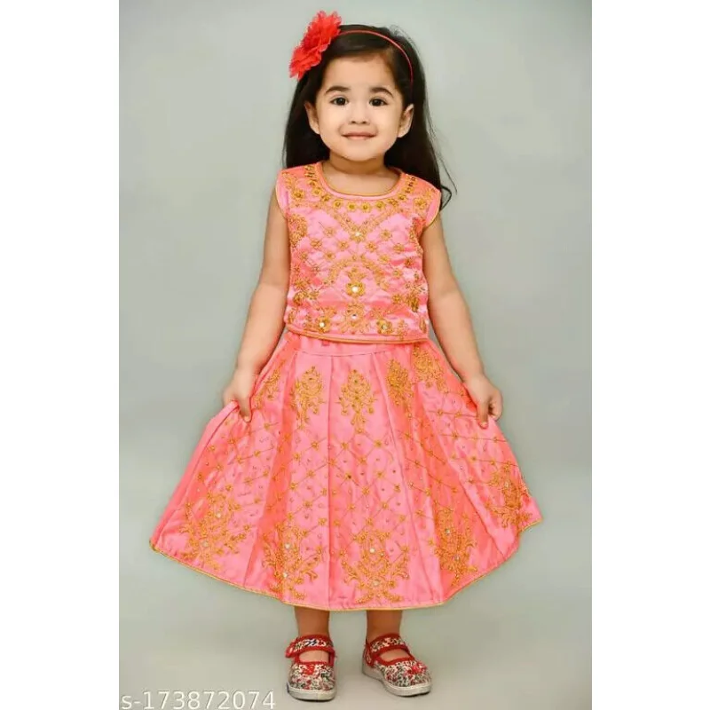 

Ethnic Orange Pink Lehenga Choli Embroidery Party Wear Round Neck Sleeveless Girls Baby Suit