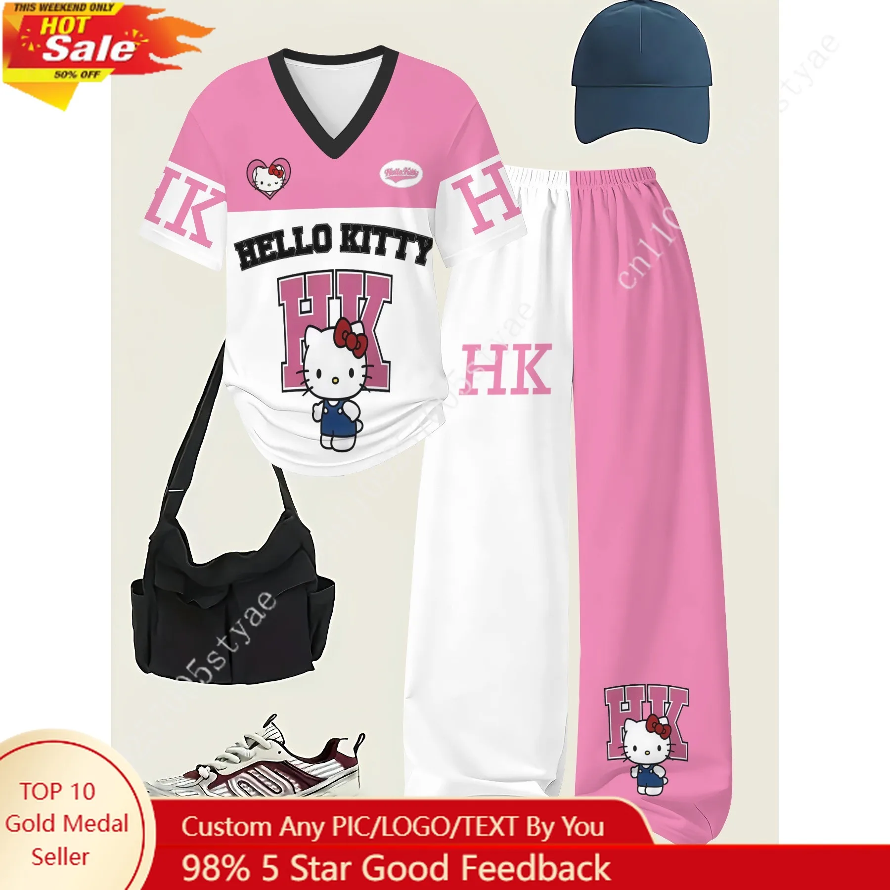 

Sanrio Hello Kitty Y2K Girl Fashion 2pcs Girl‘s Fashion Set Cute Print Sports T-Shirt and Pants Summer Outfit for 5-14Y