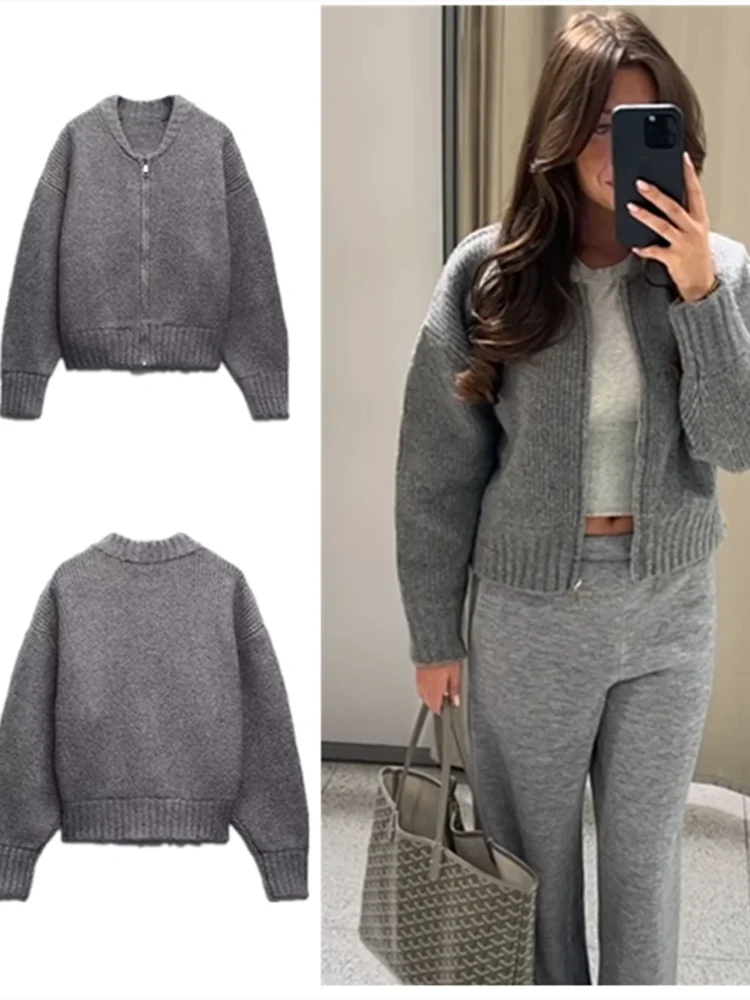 Knitted Grey Sweaters For Women Fashion Zipper O-neck Long Sleeve Cardigan Female 2024 Autumn Winter High Street Lady Outwear