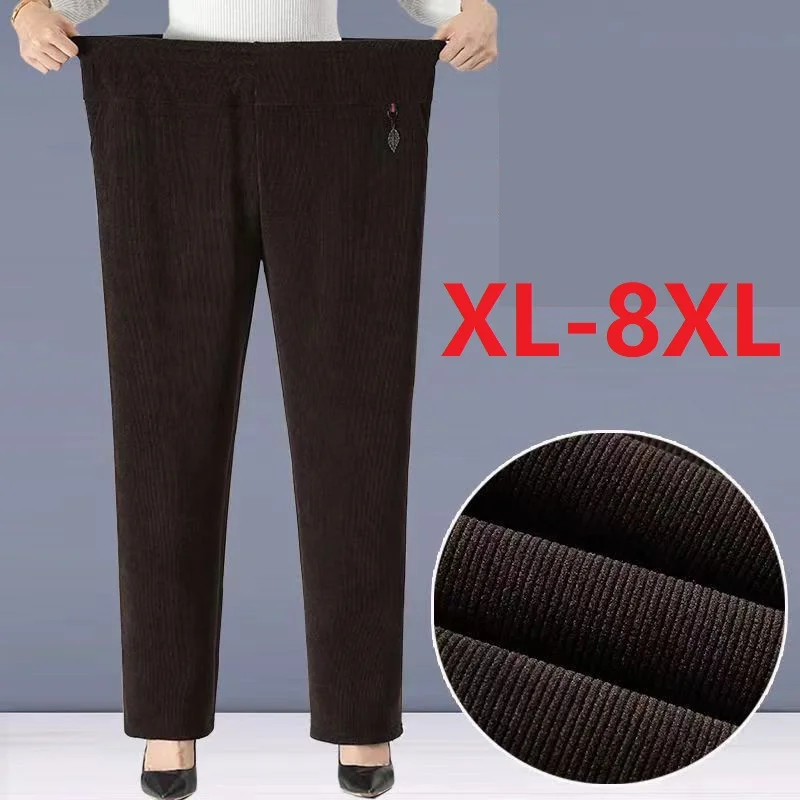 

Women Corduroy Pants New Autumn Elastic High Waist Casual Pants Winter Plush Warm Straight Pants Middle-aged Female Trousers 8XL