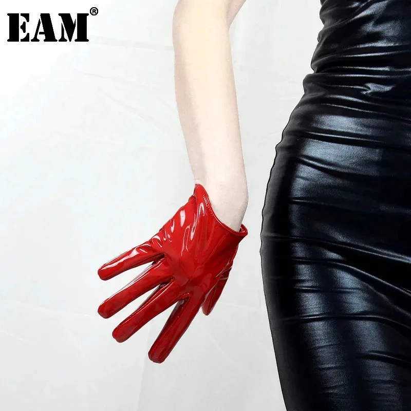 [EAM] Women Multicolor Red Temperament Gloves New Pu Leather Personality Fashion Tide All-match 2025  Autumn Winter 1DC966