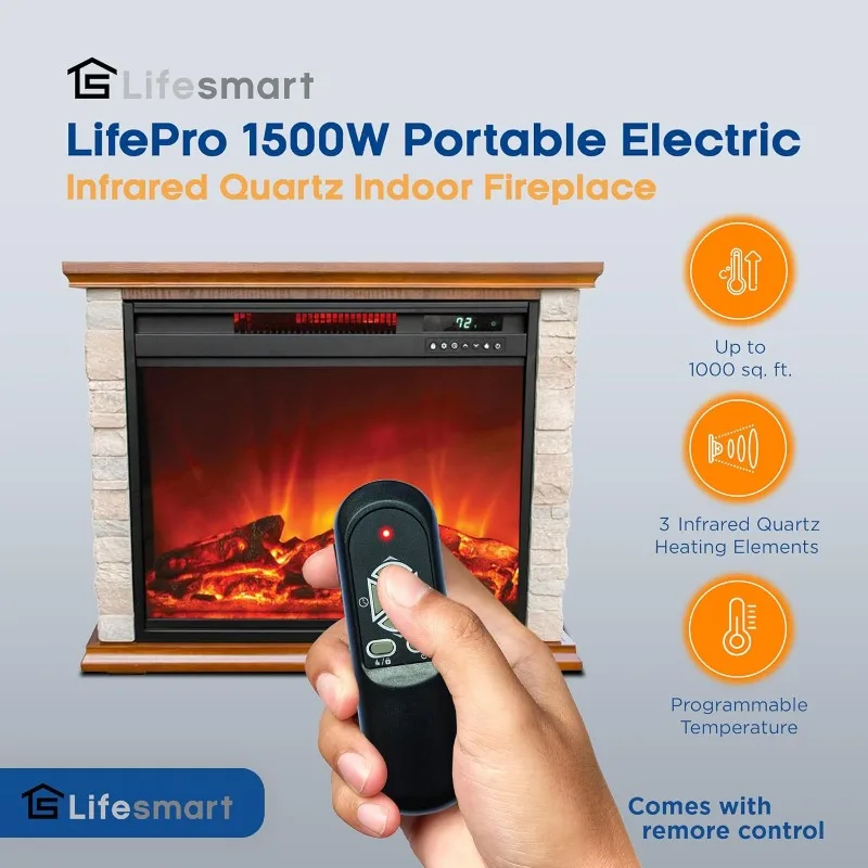 LifeSmart LifePro 1500 Watt Electric Infrared Quartz Fireplace Heater for Indoor Use with 3 Heating Elements and Remote