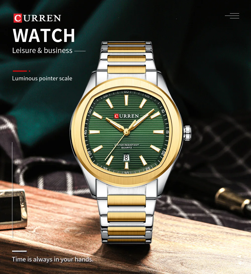 CURREN Modische Minimalistische Quarzuhr für Herren Zweifarbiges Edelstahlarmband Luxus-Armbanduhren mit Leuchtzeigern – Detail 1