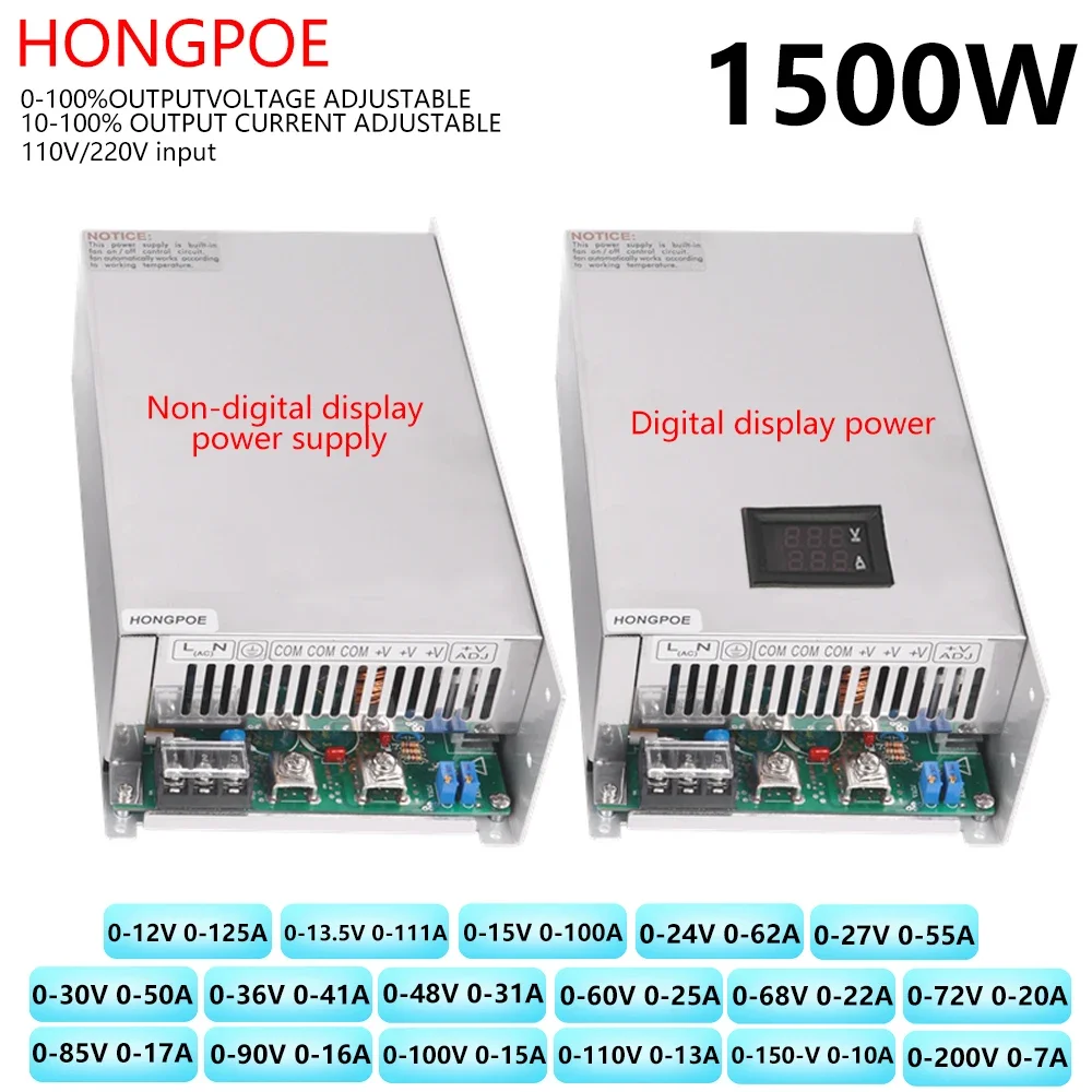 

1500W Adjustable Power Supply 0-12V 15V 24V 27V 30V 36V 48V 60V 68V 72V 85V 90V 100V 110V 150V 200V Digital display power AC-DC