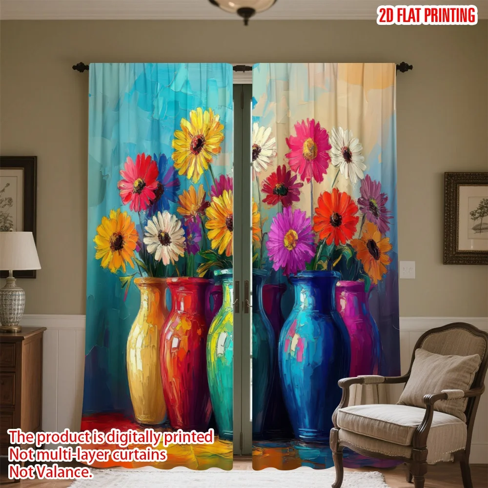 

2D flat printing 2pcs Curtain Colorful Flower Vases Digital Printed Polyester Drapes Festive Curtains Use for Classroom Office