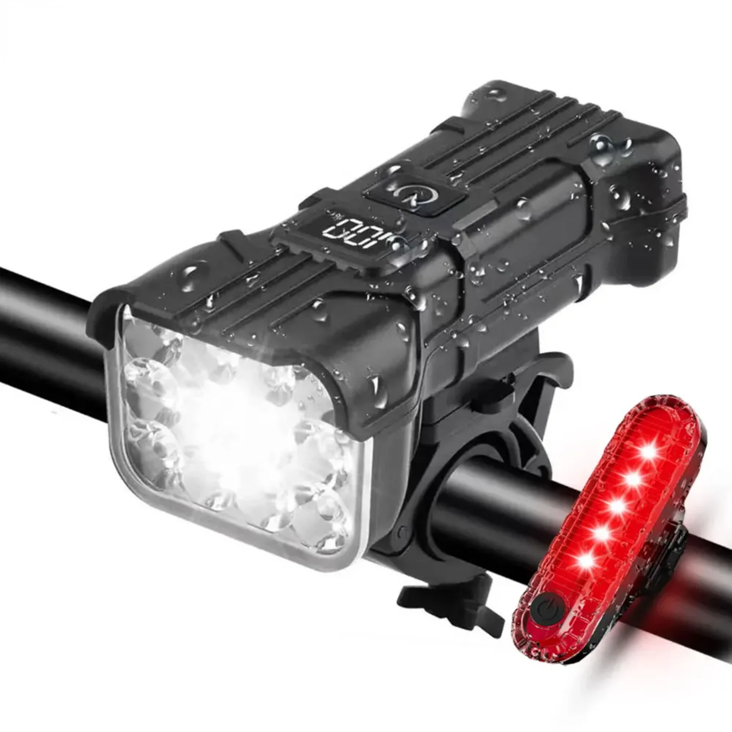 

[ "Waterproof Rechargeable 1800 mAh Bicycle Front Rear Lights 5 Modes Headlight with Bell IP65", "High-Quality Rechargeable 1800