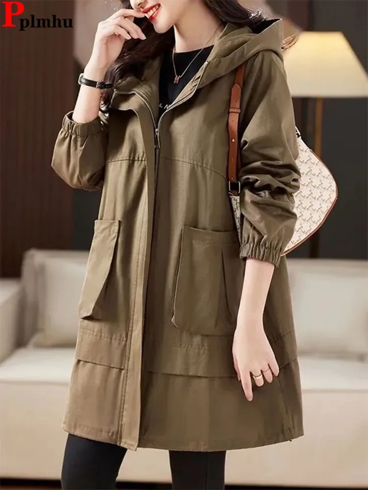 Casual Korea Cargo Jackets Mid Length Hooded Big Size 5xl Trench Coats Loose Windbreaker Abrigos Women New Fashion Gabardina