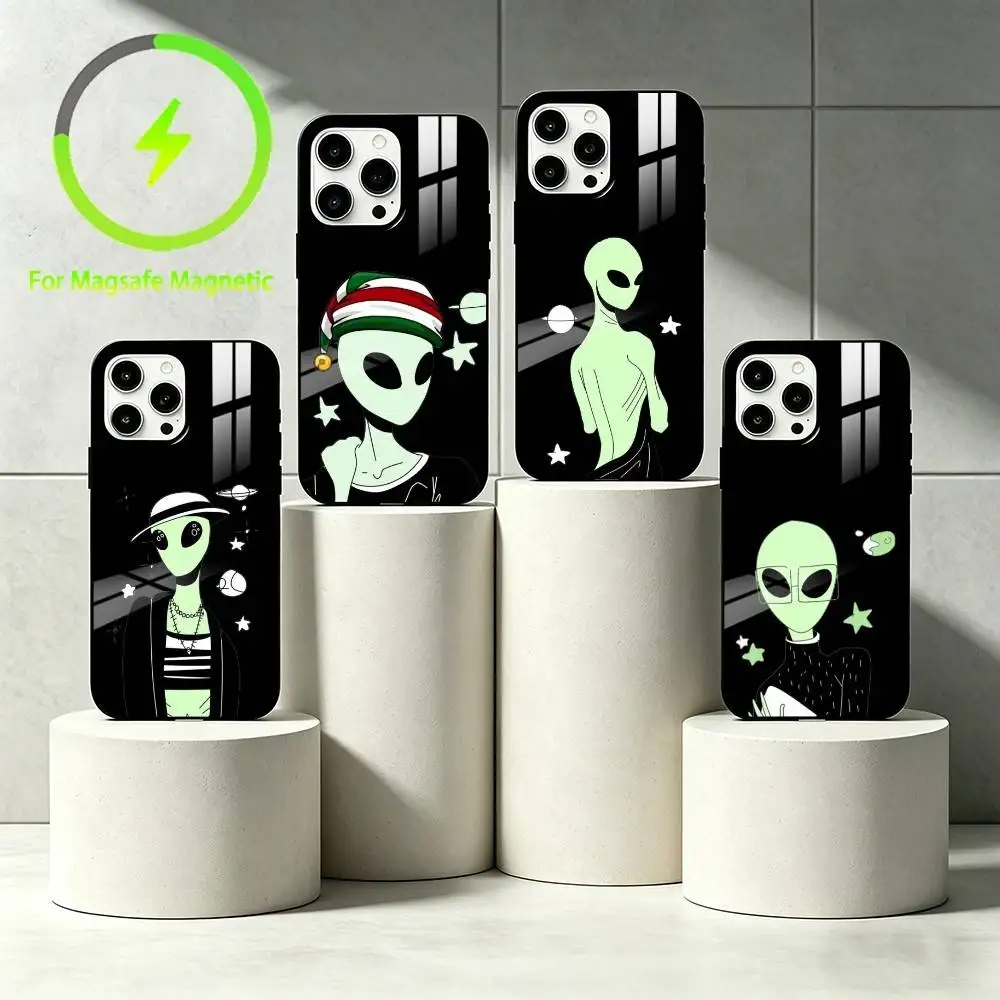 

G-Green alien Phone Case For iPhone 17 16 15 14 13 12 Pro Max Plus for Mirror Wireless Magnetic Cover
