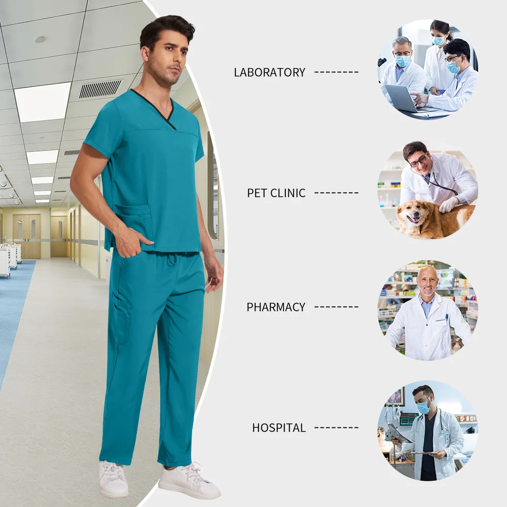 ชุดยูนิฟอร์มพยาบาล คอวี แขนสั้น เสื้อ กางเกง ชุดสครับ สำหรับผู้ชาย ชุดแพทย์ ชุดพยาบาล ชุดทันตแพทย์ ชุดพนักงานโรงพยาบาลสัตว์ ชุดแพทย์