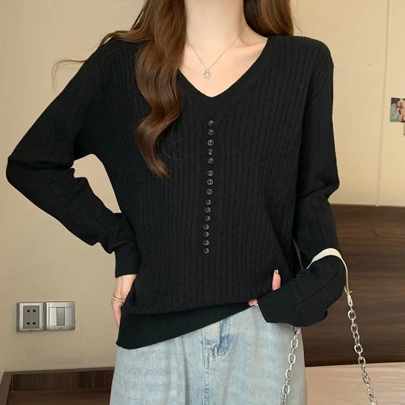 Fake Two Pieces V-Neck Sweaters Female Clothing Stylish Button Loose Autumn Winter Basic Solid Color Long Sleeve Knitted Jumpers