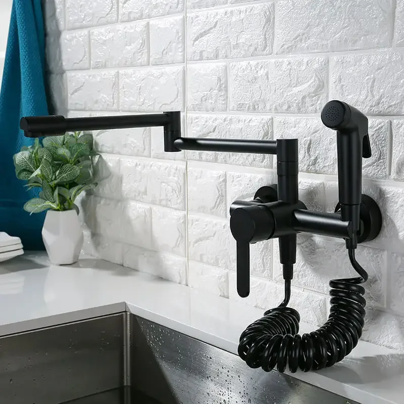 

Fodable Kitchen Faucets Solid Brass Kitchen Sink Mixer Tap Hot & Cold Wall Mounted With Spray Gun Rotating Sink Mixer