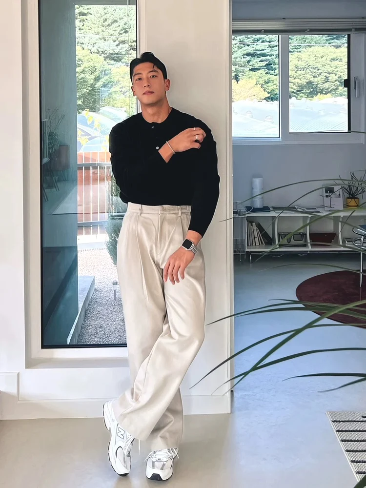 

High Waist Hidden Button Workwear Pants Men's Iron Free Loose Straight Leg Long Pants Formal Suit Casual Pants