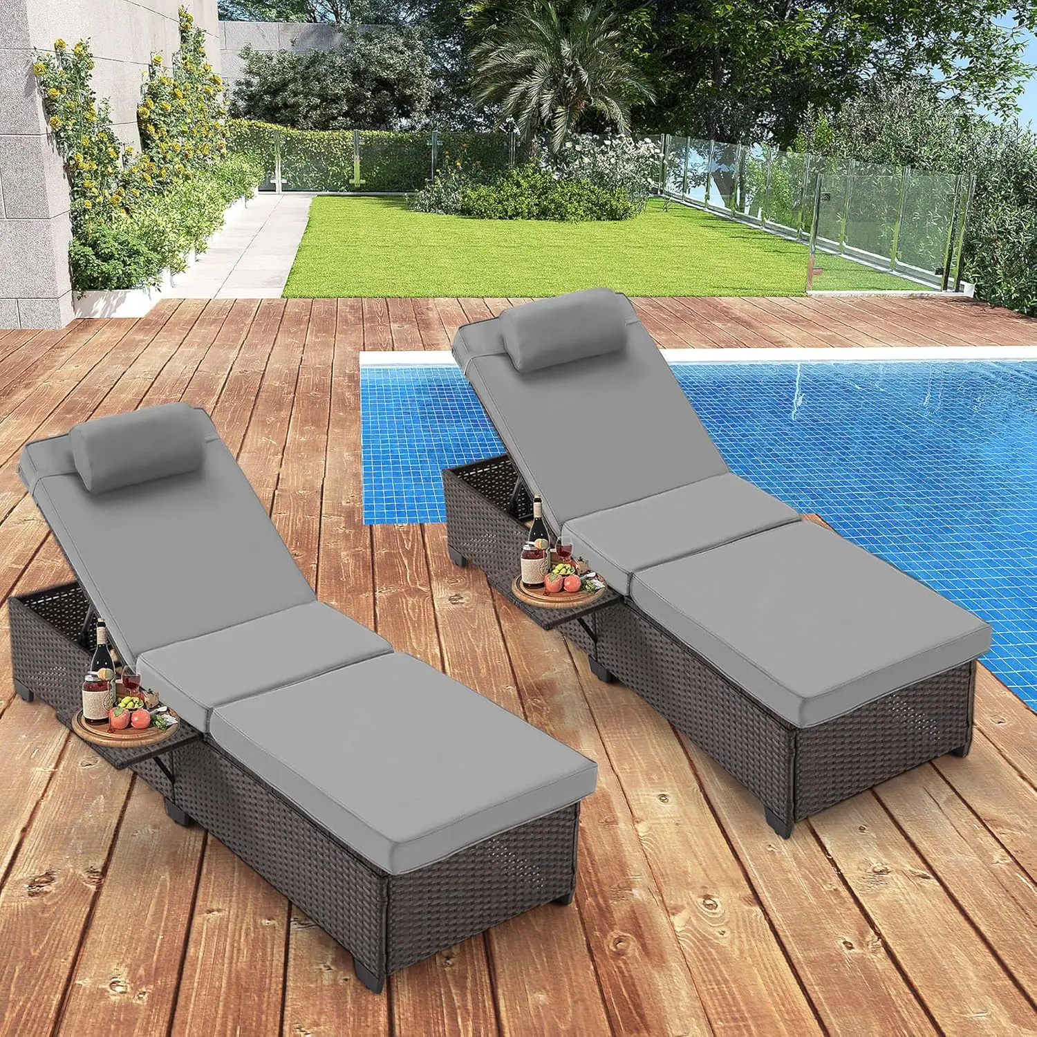 

PE Wicker Lounge Chairs Set of 2, Patio Lounge Chair with Adjustable Headrest & Soft Cushion,5 Backrest Usage Modes