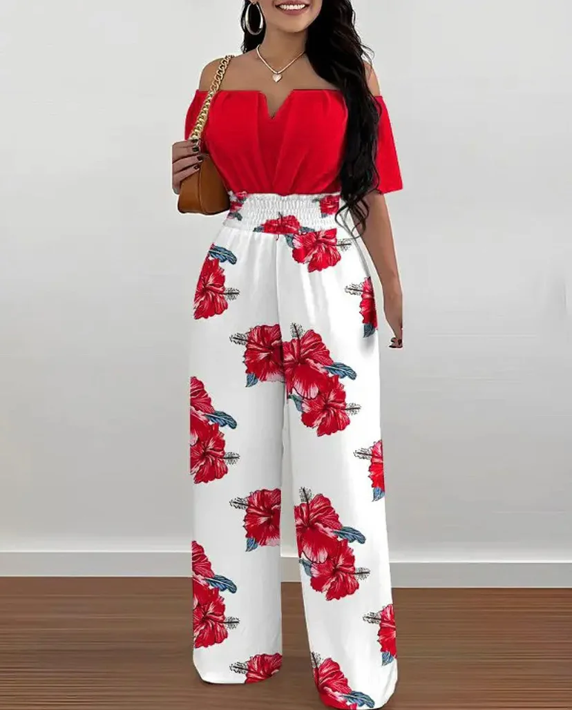 Summer Elegant Off Shoulder Women\'s Jumpsuit 2024 Fashion Trend Casual Short Sleeve Wide Leg Pants Jumpsuits for Women Overalls