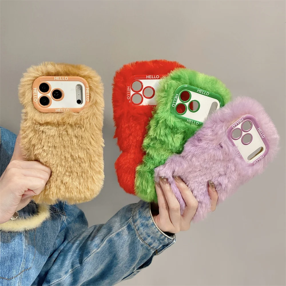 Vibrant Cozy Long Fur Plush Soft Phone Case for 18 Pro Max Casual Flip Camera Frame Stand Protective Cover for iPhone 17 16 15
