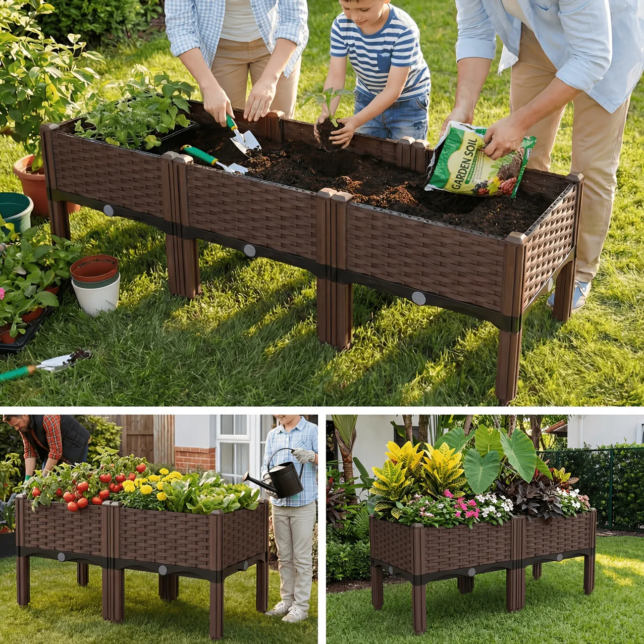 Garden Raised Bed, Elevated Flower Plant Box with Self-Watering Device and Drainage Holes, Herb Vegetable Planter Container for Yard, Balcony & Patio (2 Sets, Brown) view 5