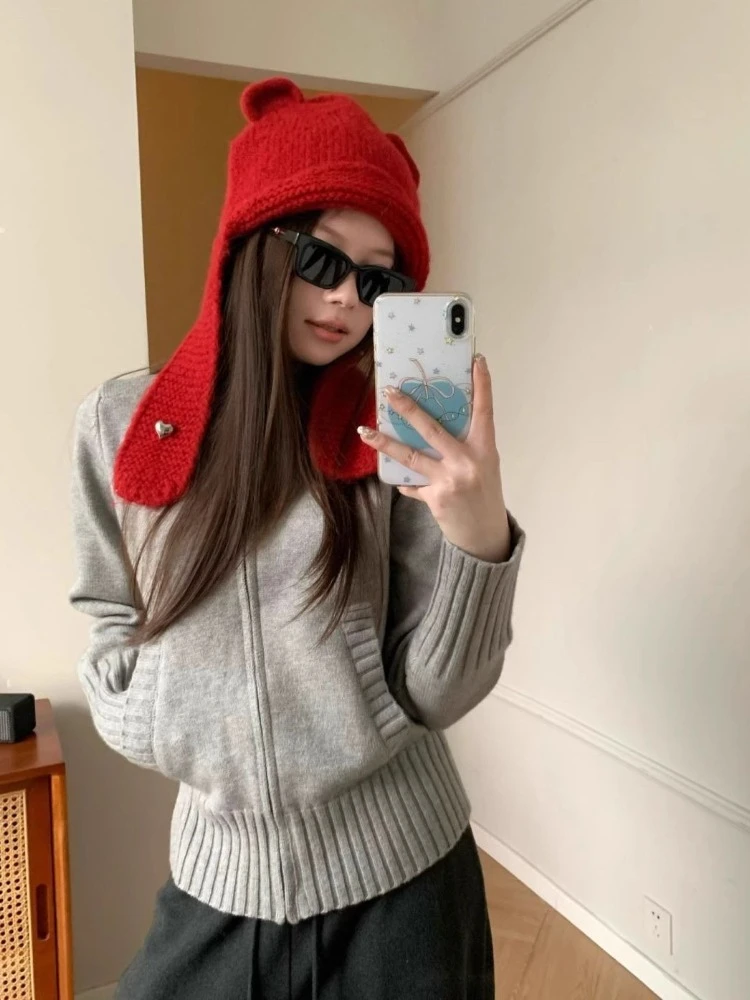 Koreanischen Stil Zipper Strickjacke Frauen Vintage Casual Langarm Pullover Harajuku Herbst Winter Schwarz Strickjacke