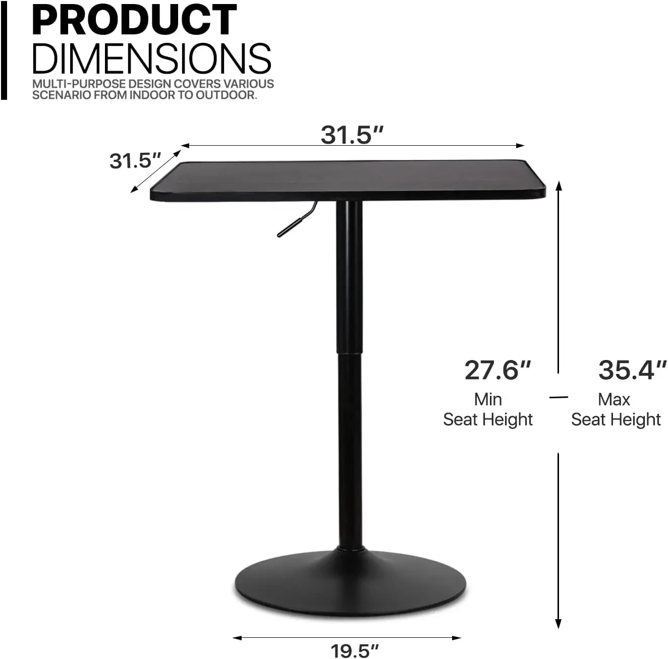 Bar Table Square Cocktail Table, 31.5 Inch Adjustable- Pub Table Sturdy Base Bistro Table for Dining Room Home Kitchen Patio Bis