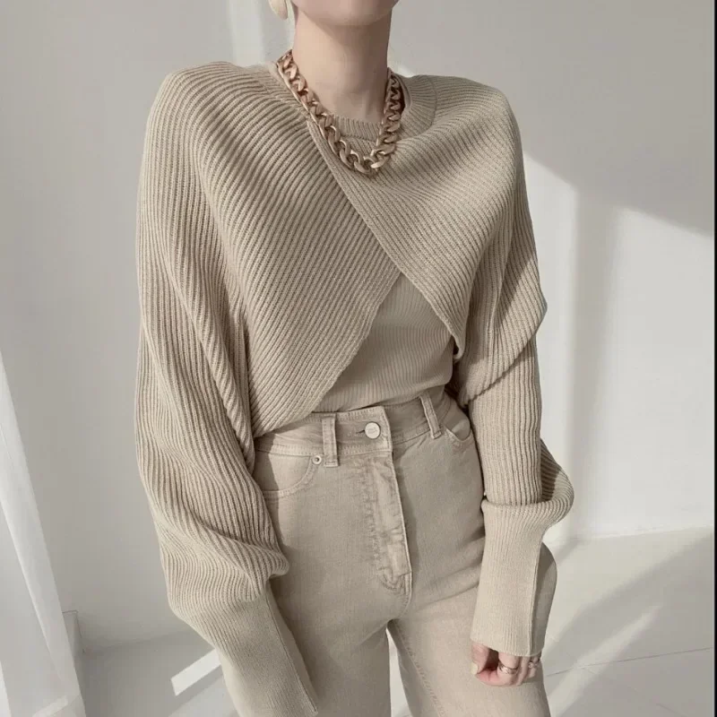 

Korean Chic Loose Women Knitted Sweater Irregular Long Sleeve Pullovers Women Casual V-neck Office Lady Crop Tops Jumpers 29612