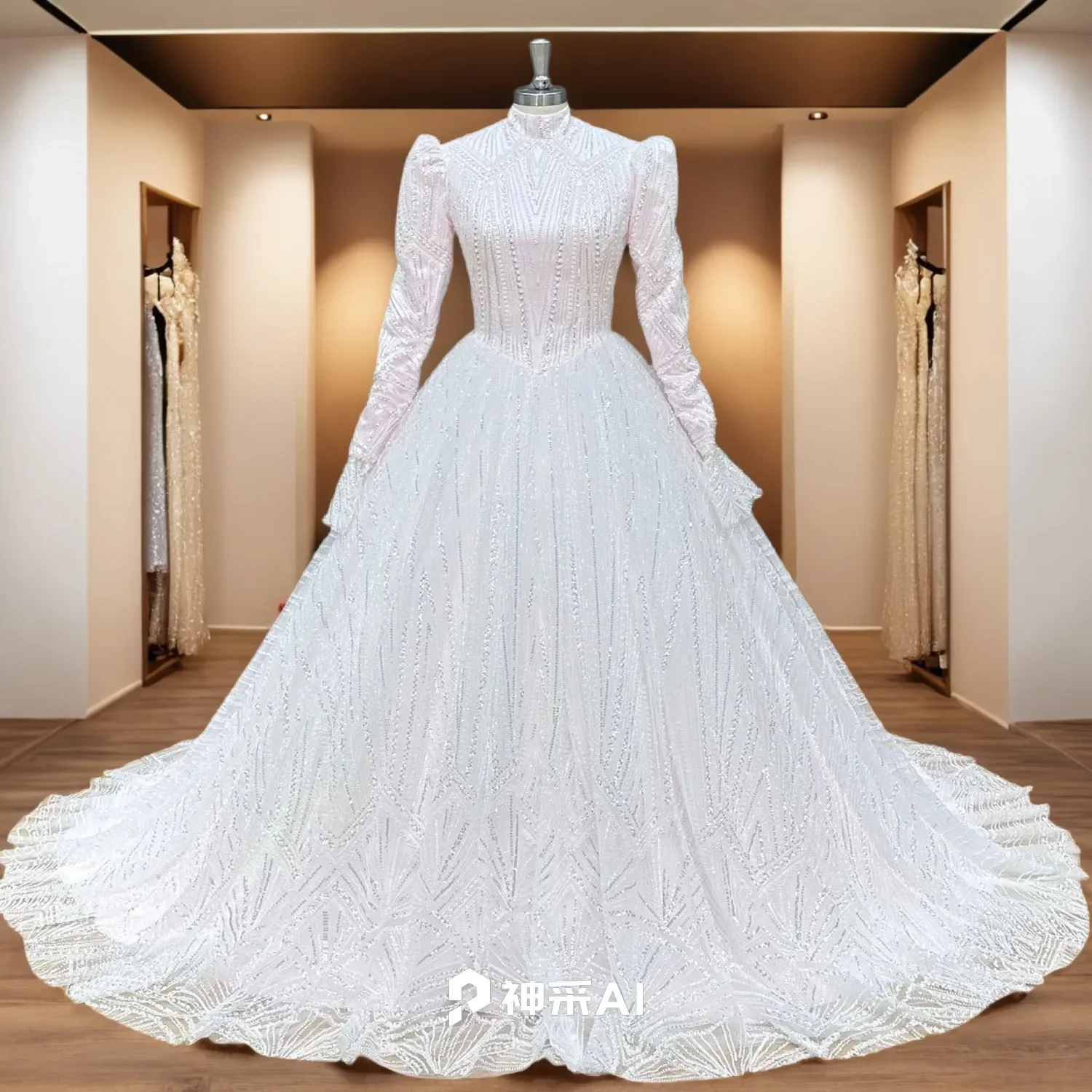 

Hire Lnyer High Neck Lace Up Back Long Sleeve All Over Shiny Beads Sequins Pink Muslim Ball Gown Wedding Dress Real Photos