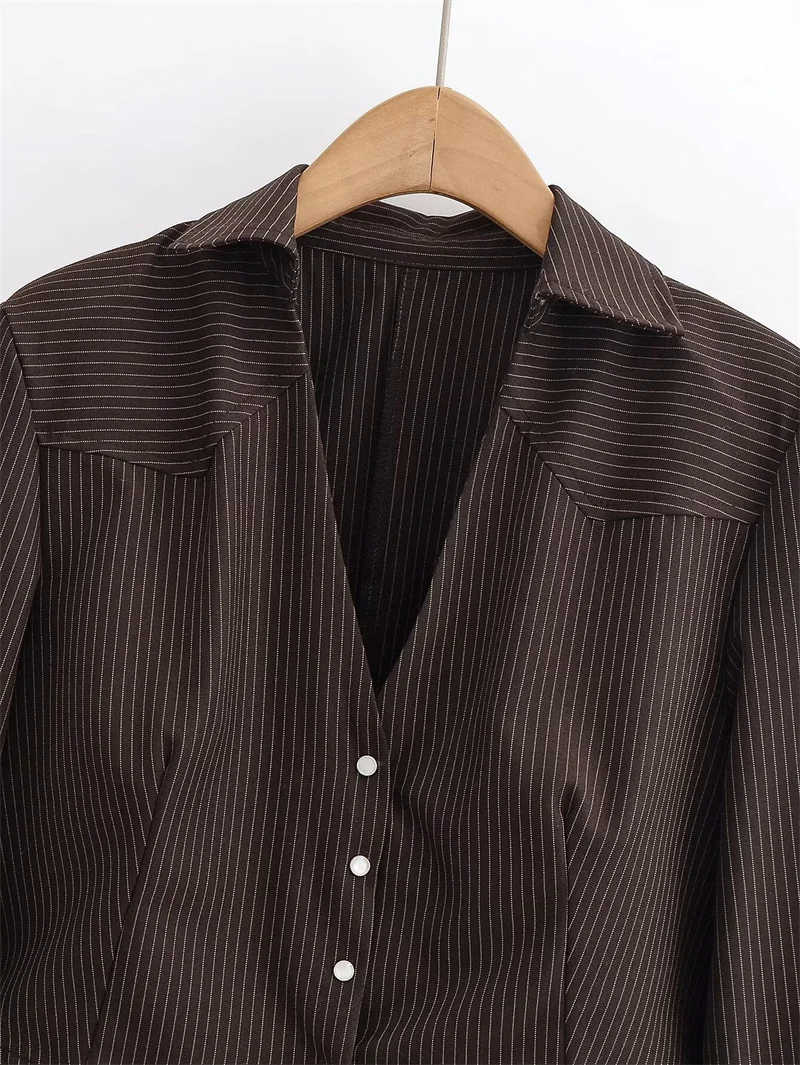 Women's Shirt 2025 Winter New Style Red-Brown Striped Long-Sleeve Short Shirt Jacket with Shoulder Pads Trendy and Fashionable - Image 3