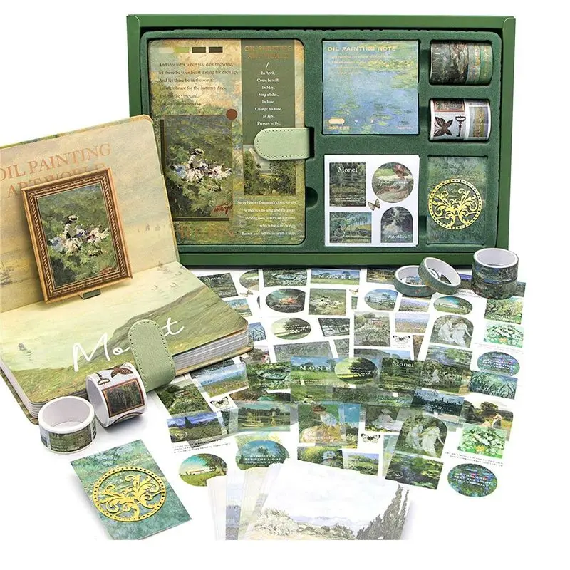 【BIG-SALE】Aesthetic Scrapbook Journaling Kit,Vintage Oil Painting B6 Notebook Scrapbooking Supplies Art Stickers,A