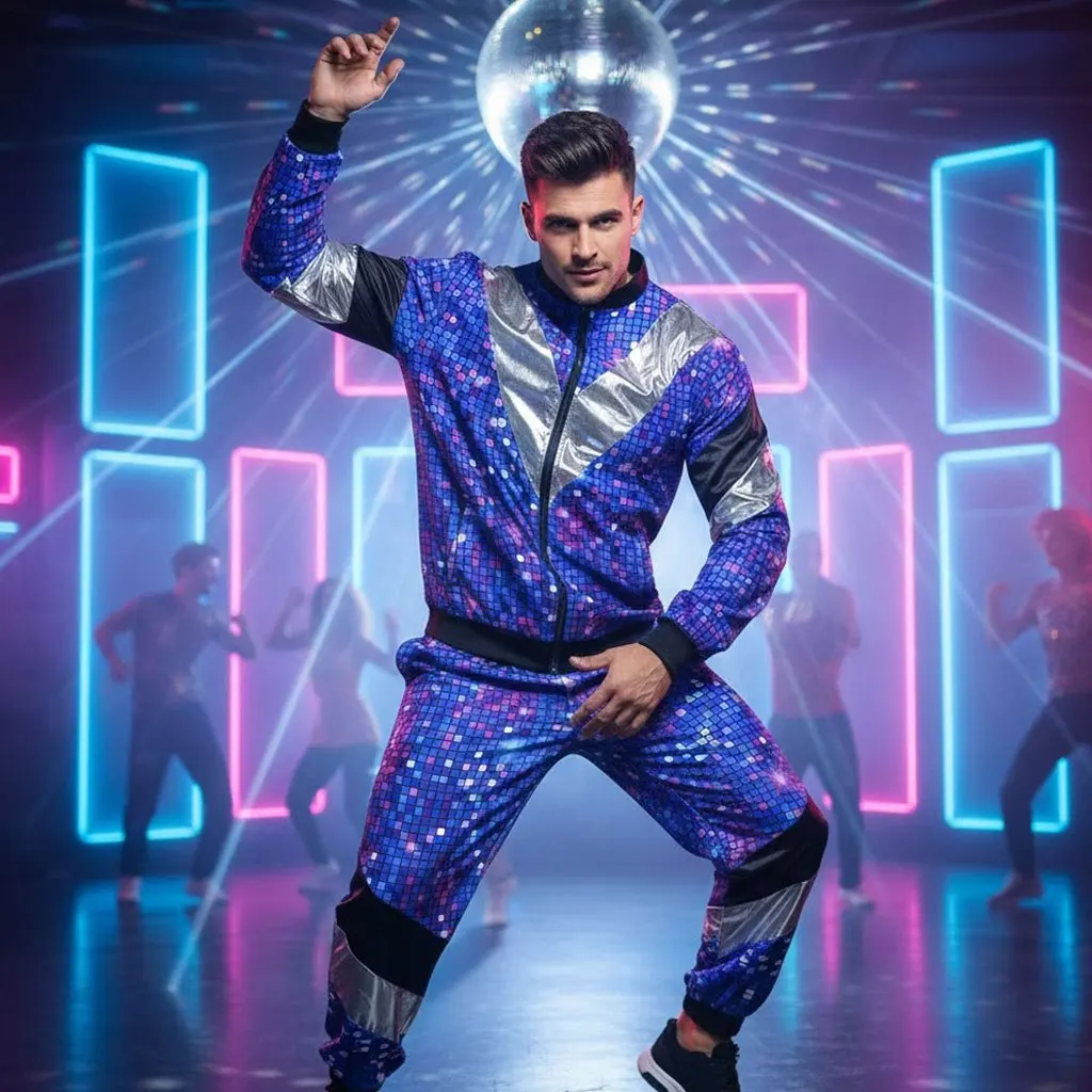 

80s Disco Party Outfit Geometric Print Tracksuit Set Breathable Unisex Costume
