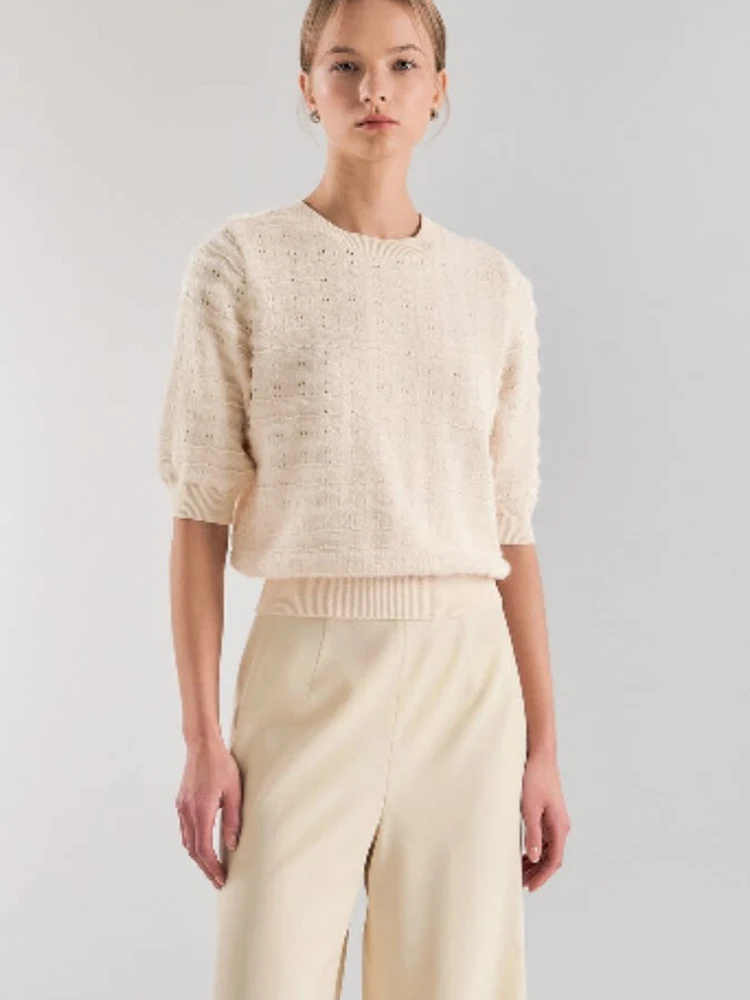 

Повседневный свободный вязаный свитер с круглым вырезом и рукавом до локтя, приятный на ощупь, комфортный, гипоаллергенный, в корейском стиле, летняя новинка