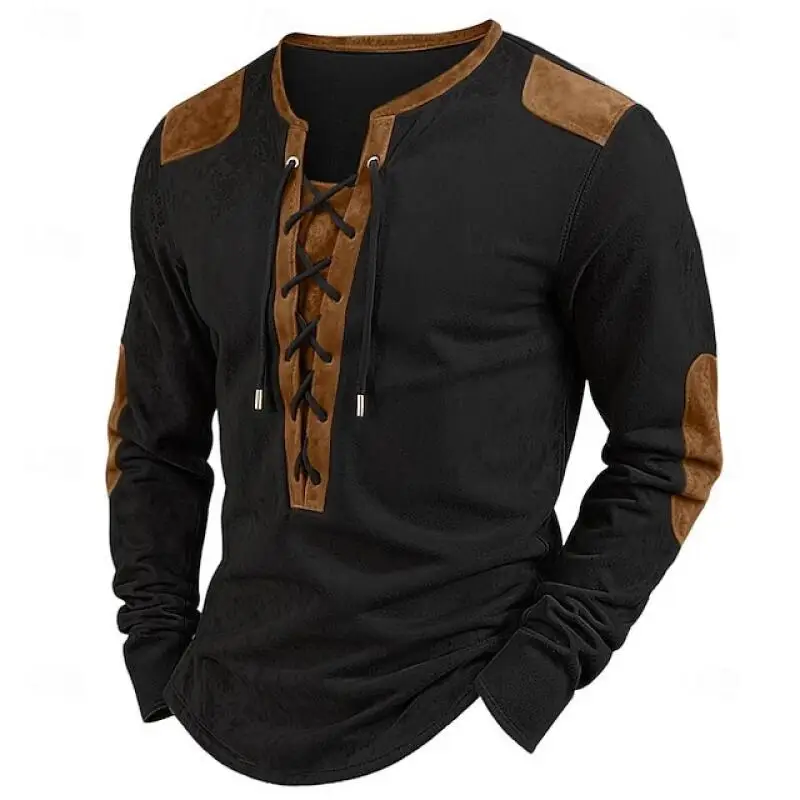 Autumn Winter Patchwork Henry Collar T-Shirts Men Street Style Long Sleeve Drawstring Vintage Tees Tops Male Loose Casual Tshirt
