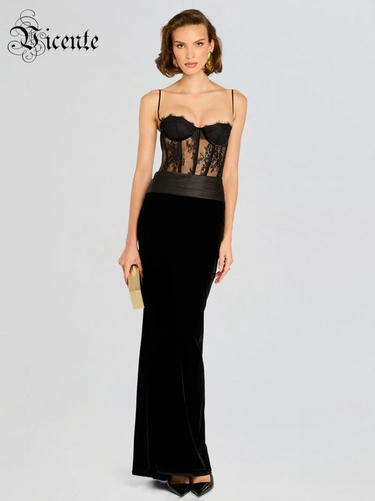 

VC Exquisite Black Lace Velvet Spaghetti Sleeveless Blackless Dress Party Date Evening Gown