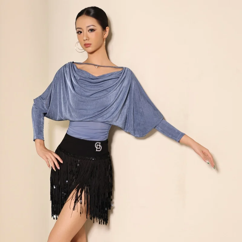 2025 new Latin dance competition suit loose long sleeved top+sequined tassel skirt set tango cha cha samba performance outfit