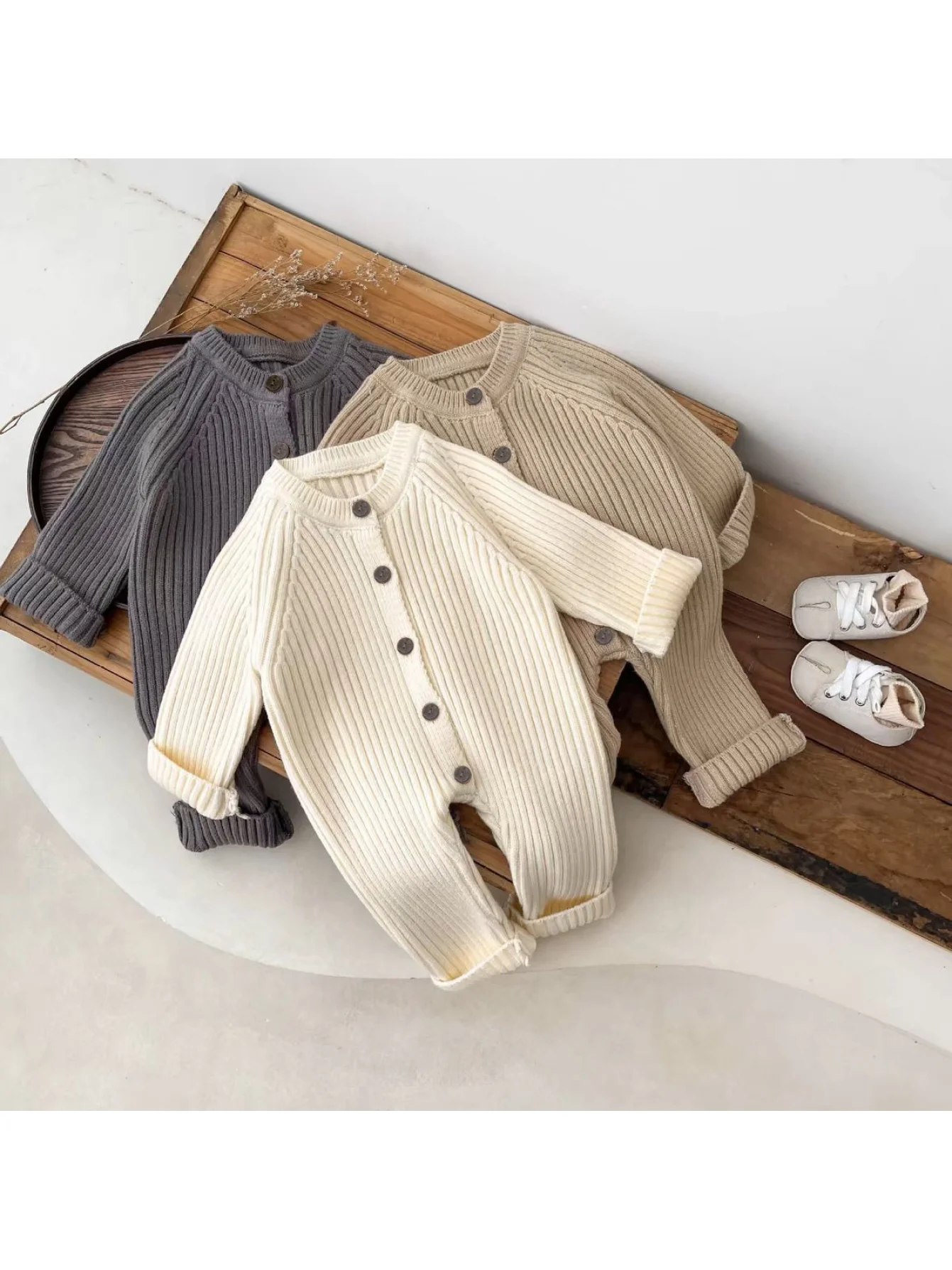 Baby Crawling Clothes Versatile for Newborns, Boys and Girls, Spring and Autumn Knit Stylish Romper, Solid Color Jumpsuit
