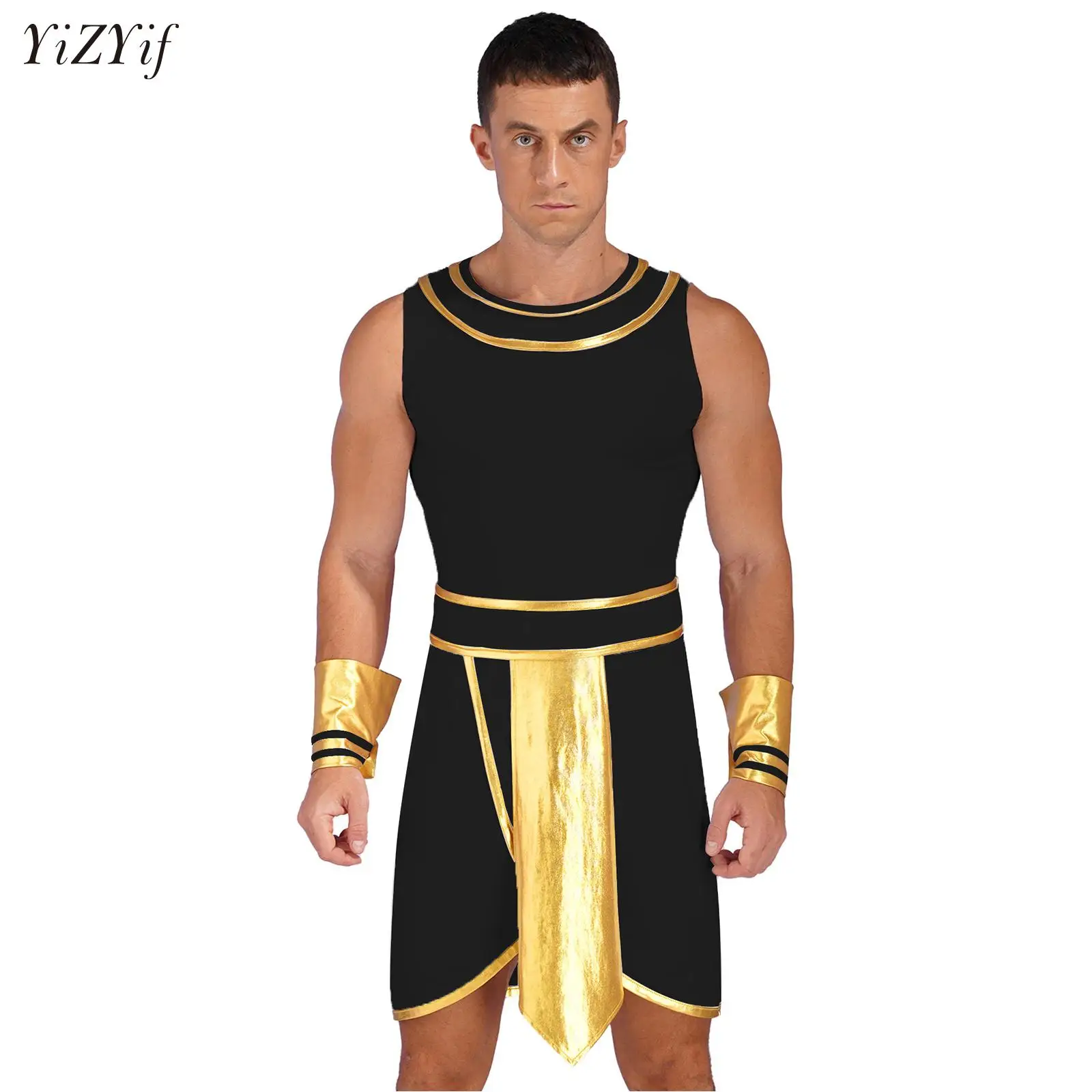 

Mens Ancient Egypt Role-Playing Outfit Adult Zeus Halloween Masquerade Party Costume Contrast Color Sleeveless Dress with Cuffs