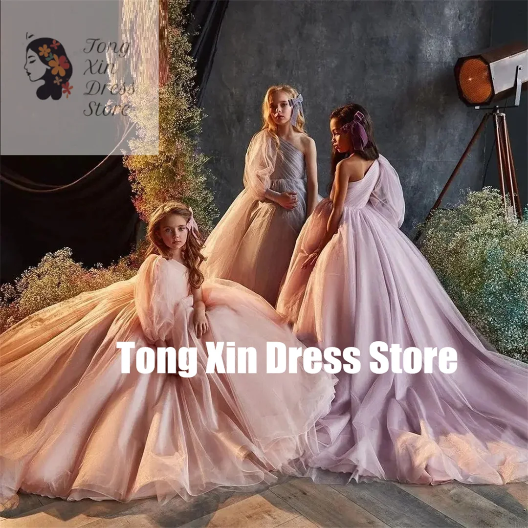 ชุดเดรสเด็กผู้หญิงสำหรับงานแต่งงาน ผ้าทูลล์ ไหล่เดียว แต่งดอกไม้ตามสั่ง ยาวกรอมพื้น สง่างาม เหมาะสำหรับงานวันเกิดเด็ก งานรับศีลมหาสนิทครั้งแรก