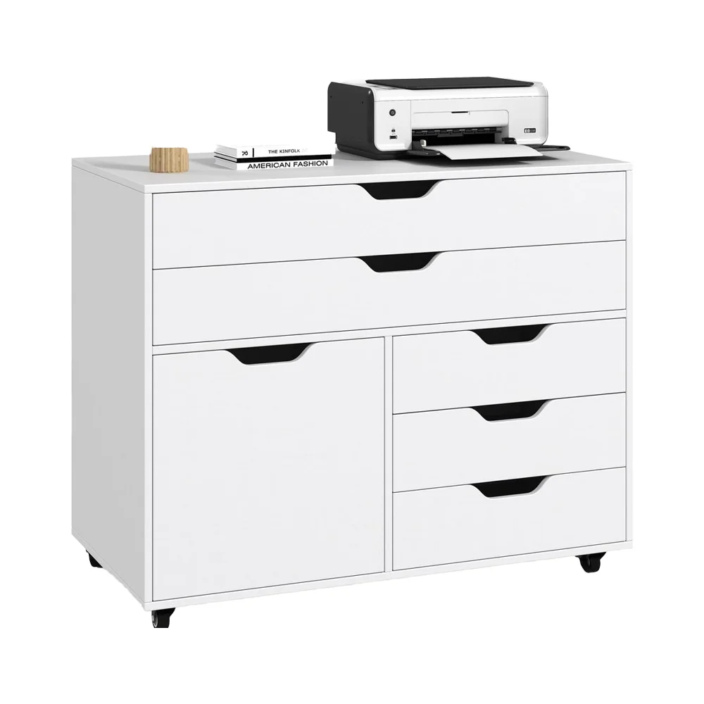 #￥forJINFENG Modern Steel Mobile 5-Drawer Adjustable Lateral Filing Cabinet with Lock Living Room Storage (White 77x40x64cm)