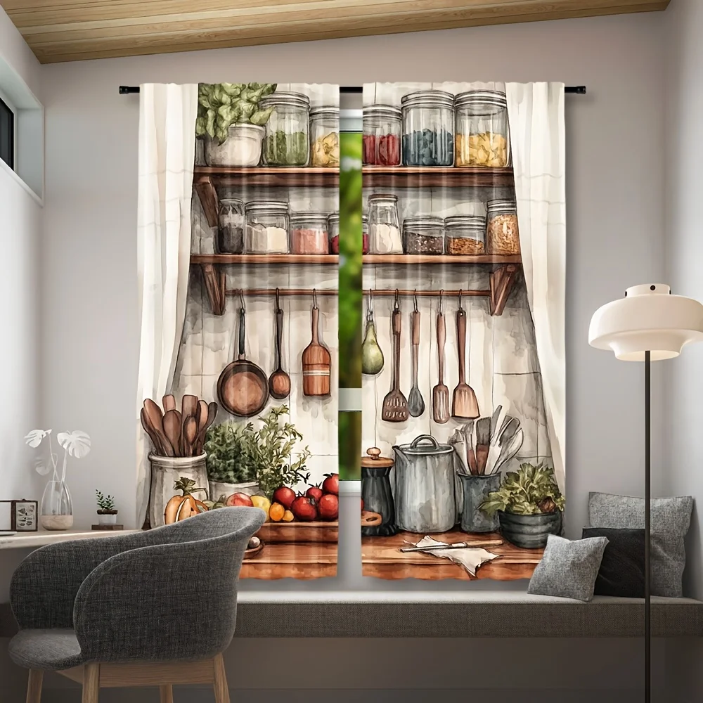 Warm Kitchen Blackout Rod Pocket Curtain Watercolor Spice Jar Cookware Fresh Veggie Herb Print Farmhouse Kitchen Window Decor