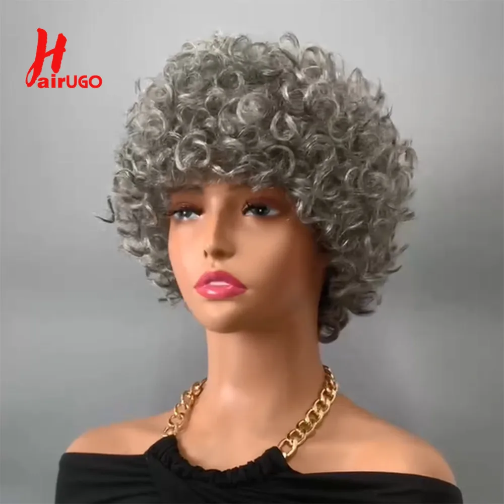 Pelucas de cabello humano rizado con flequillo, pelo corto gris con corte Pixie, Color brasileño #51, sin pegamento